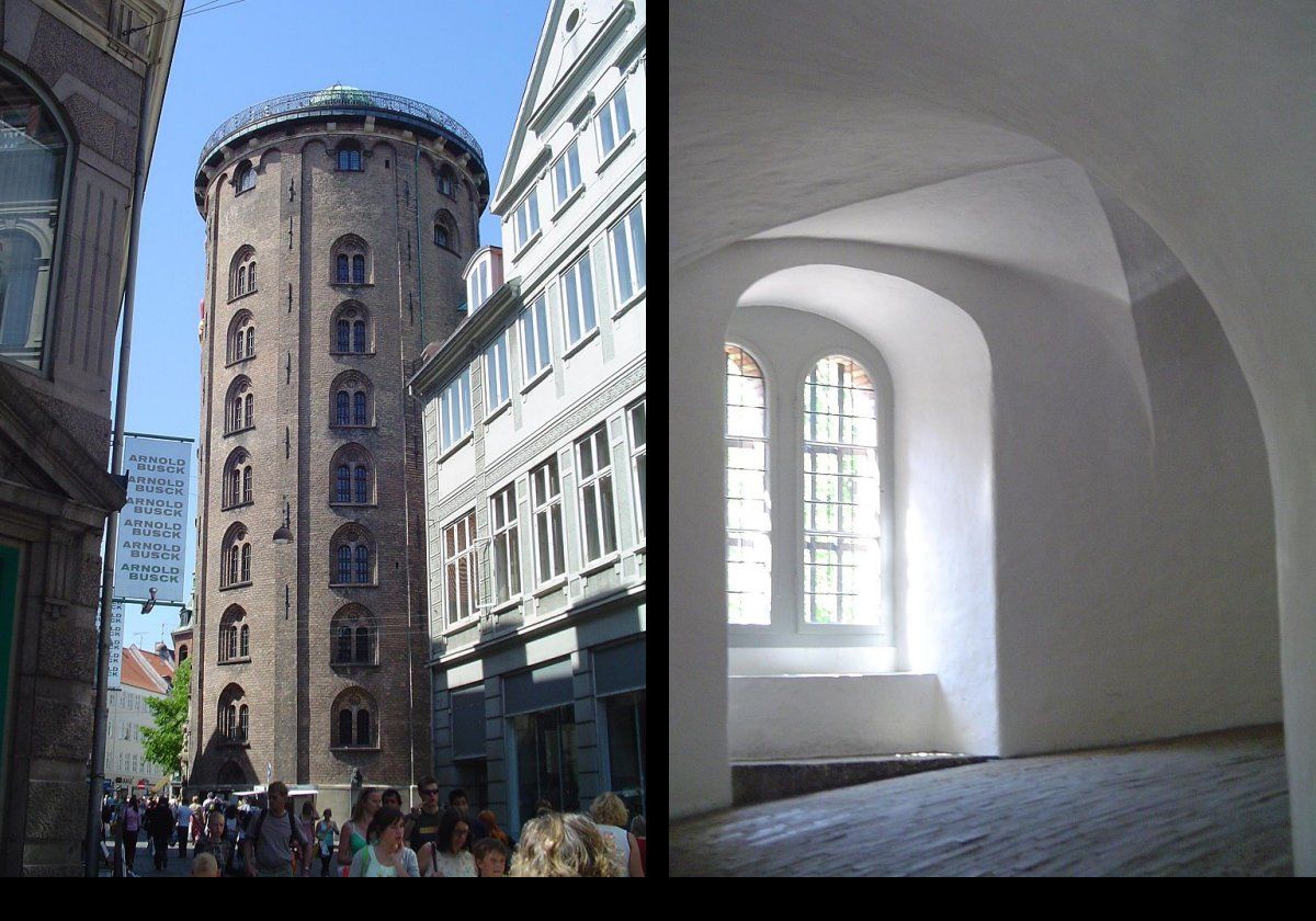 The tower on the outside, and showing part of the "equestrian staircase". This is a helical staircase used to transport instruments to the top of the tower. It has 7.5 turns.