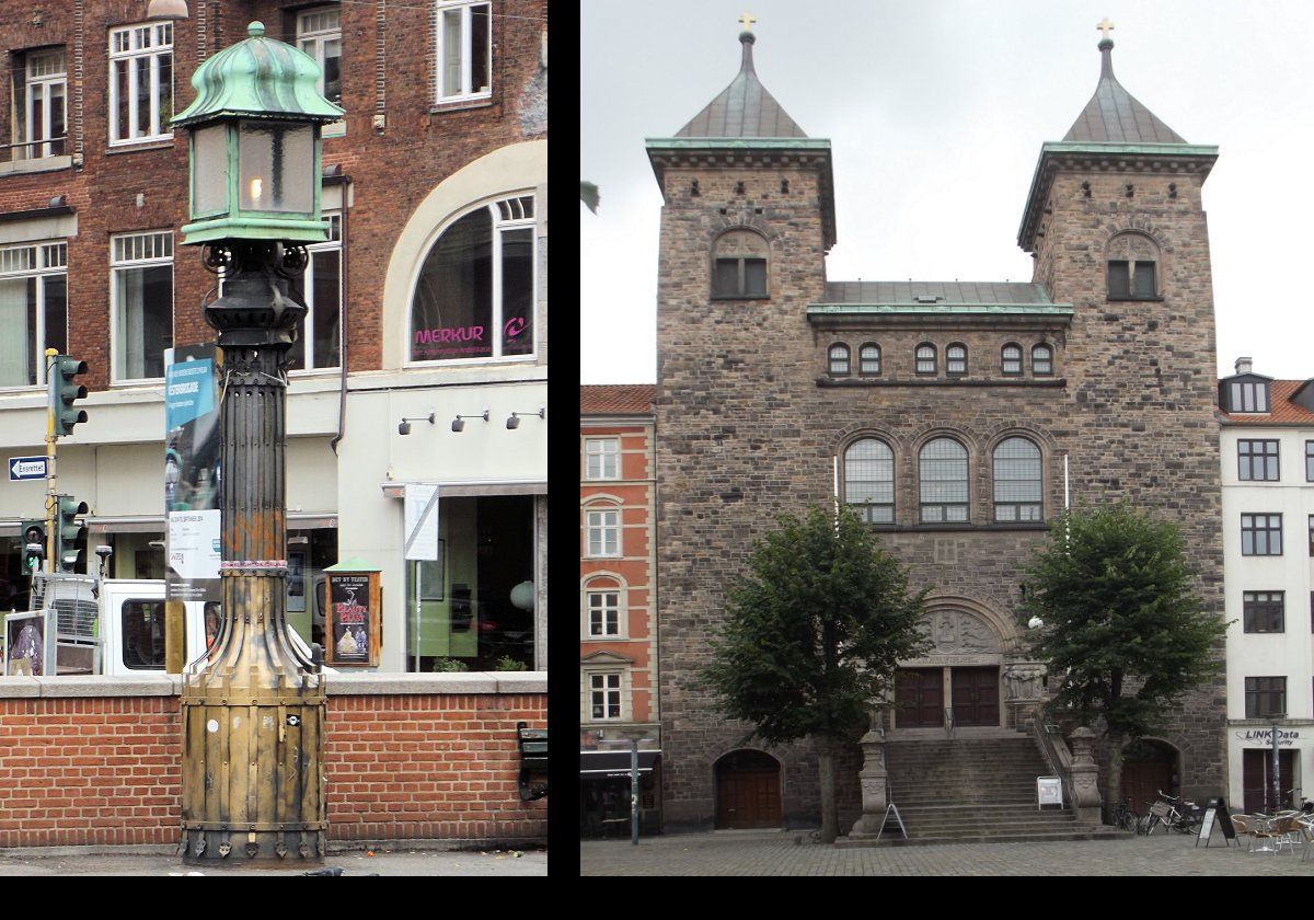 The picture on the left shows an old streetlight in the square. On the right is Elijah's Church, belonging to the Church of Denmark, completed in 1908 in between two buildings original to the square from around 1850. It replaced a factory building. The next image is a closeup of the doors.