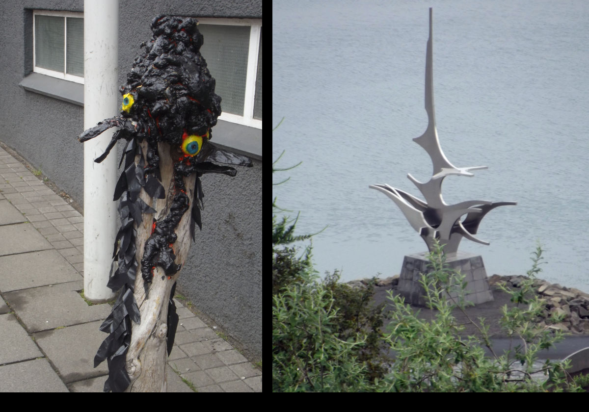 On the left, another example of street art. The sculpture to the right is Sail or Sigling; a sculpture by Jon Gunnar Arnason.