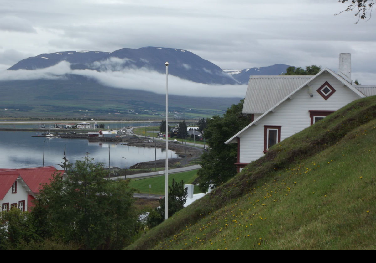 Matthias Jochumsson's writer's home.  A museum for one of Icelands best loved poets.  Looking across the Pond (Pollurinn). The building on the left with the red roof is the Bus Station.