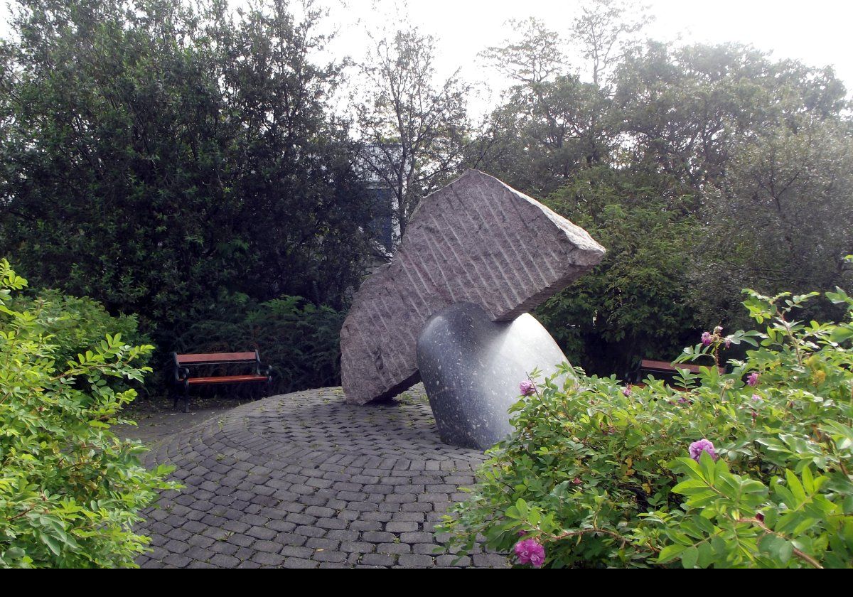 Whale tail sculpture given to Iceland by the people of Latvia in gratitude for Iceland's recognition of an independent Latvia. The inscription states: “We are a small nation. / We shall be as great / As is our will”.