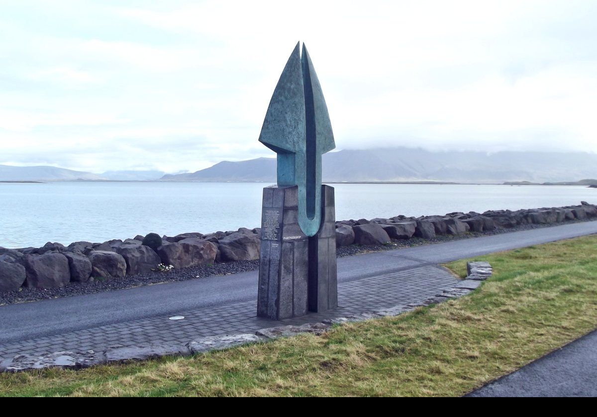 A gift from the American ambassador to Iceland, this is the Friendship' Monument. It is one of a pair, the other located on the coast of Florida. They are symbolically linked by the Gulf Stream.