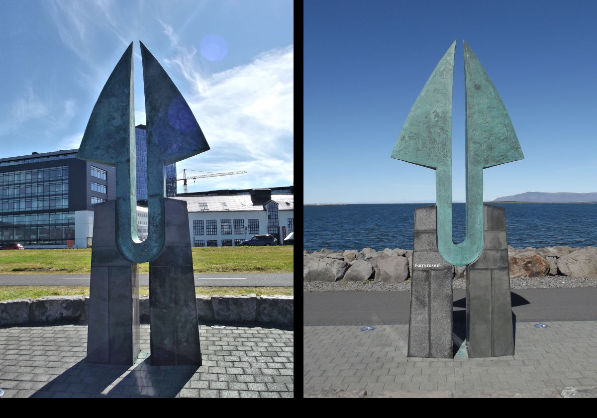 A gift from the American ambassador to Iceland, this is the Friendship' Monument. It is one of a pair, the other located on the coast of Florida. They are symbolically linked by the Gulf Stream. The next image has details of the plaque.