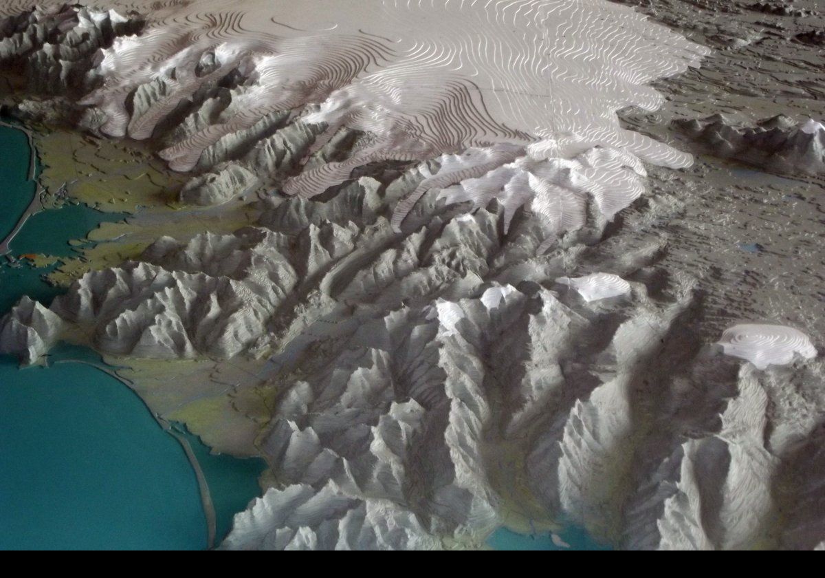 Showing the mountains and ice sheet in Iceland's interior.