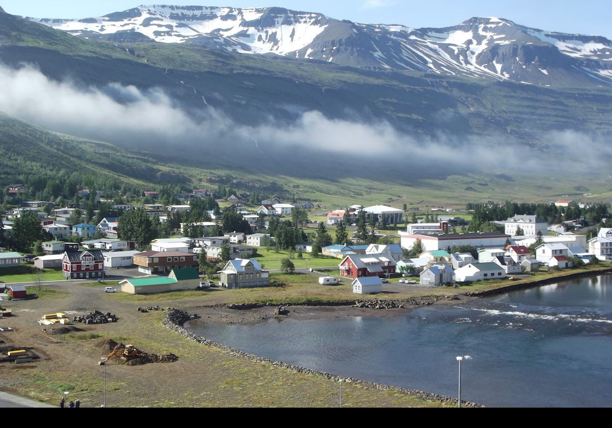 Newly arrived in Seydisfjordur, looking from our ship across a corner of the Fjarðará Lake towards the town.