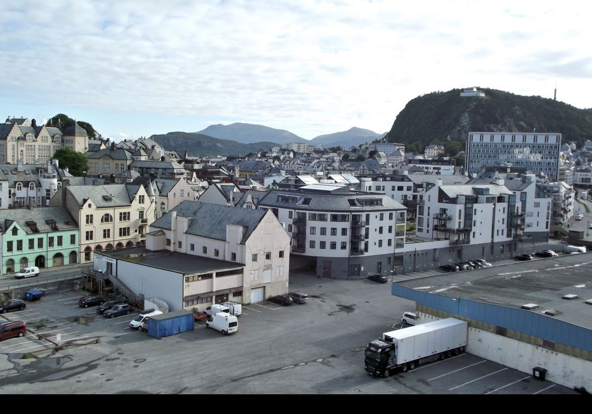 Docked in Alesund.  A view across the town with the Aksla view point on the hill top to the right.