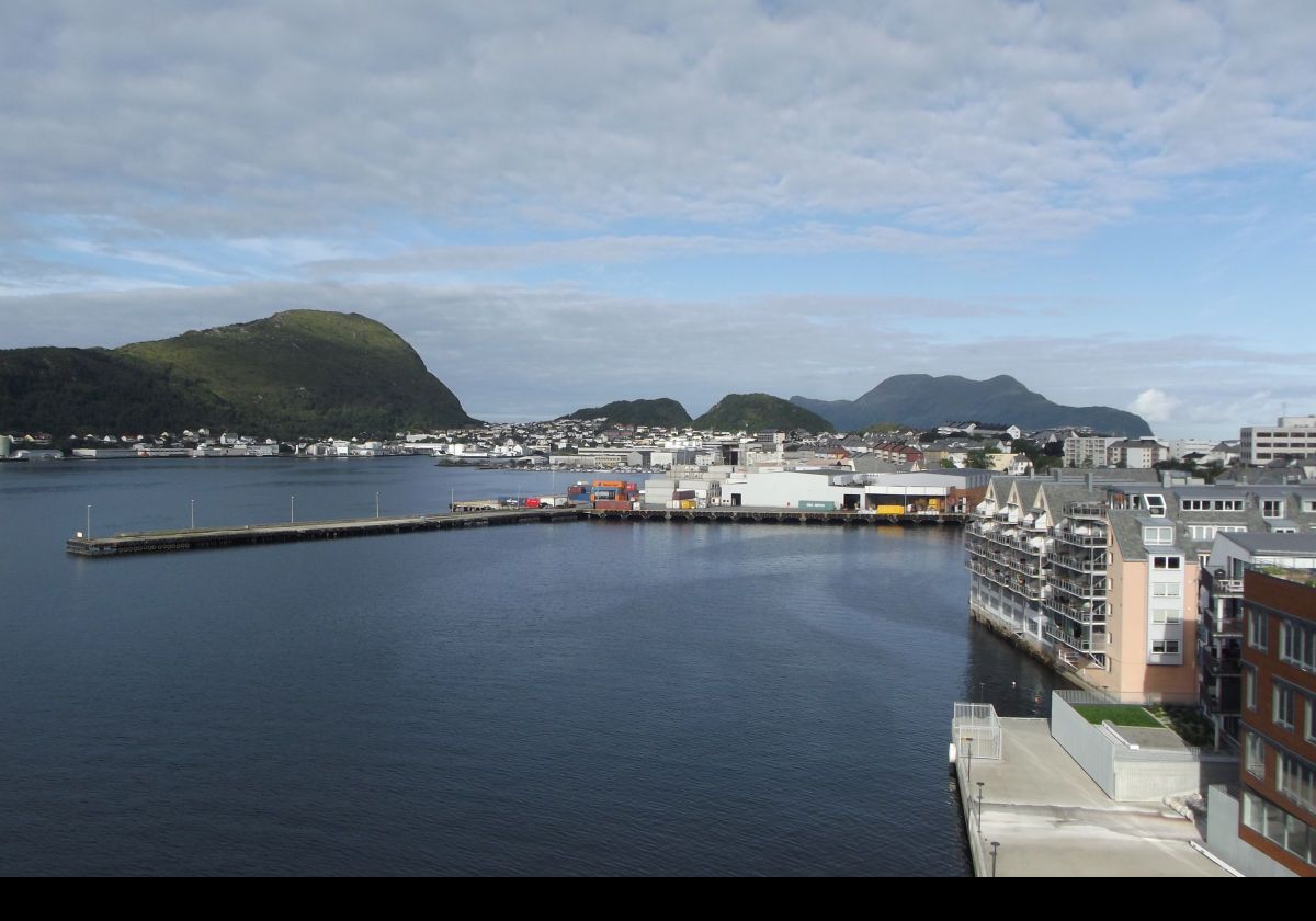 Looking across Alesund to the island of Hessa and the "Sukkertoppen" or the Sugar Top to the left.