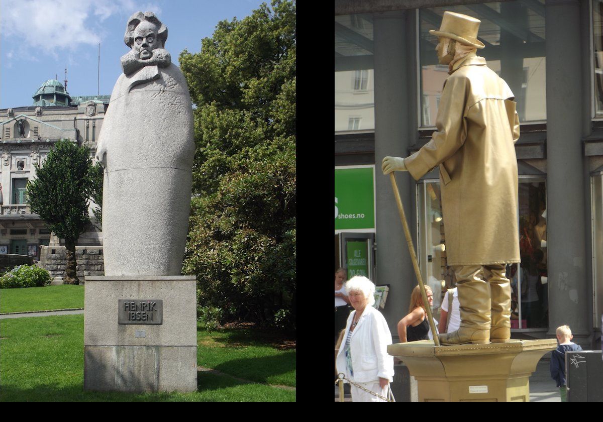 On the left, a sculpture of the Norwegian playwright Henrik Ibsen. It stands about 3.5 m (over 11 feet) tall in front of Den Nationale Scene, the National Theater, on Engen.  On the right, a gold "statue".  He never moved once while we were there.