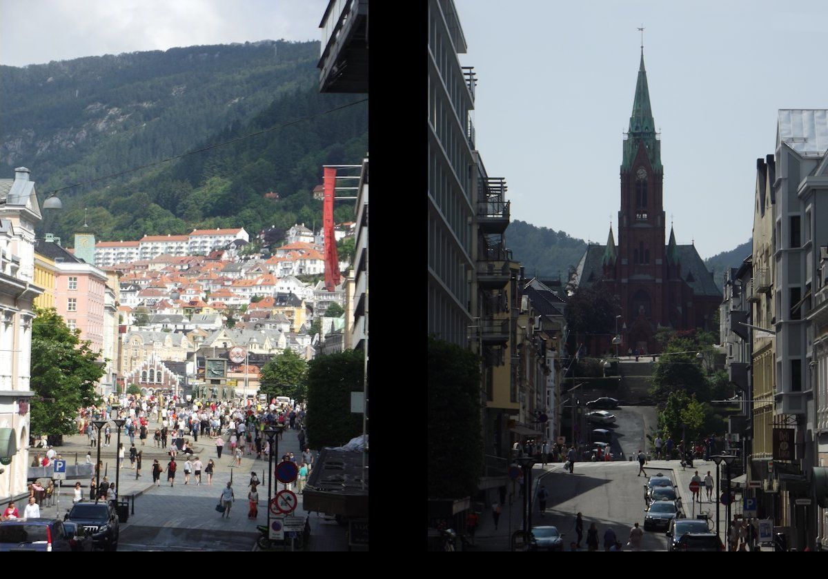 The left hand image shows a view of the city, while on the right is St. John's Church (Johanneskirken), the largest in Bergen seating about 1,250 people.  Built in the Gothic Revival style from 1891 to 1894 when it first opened.  The architect was Herman Major Backer.  The 61m (200 foot) tall tower is the highest in the city.  