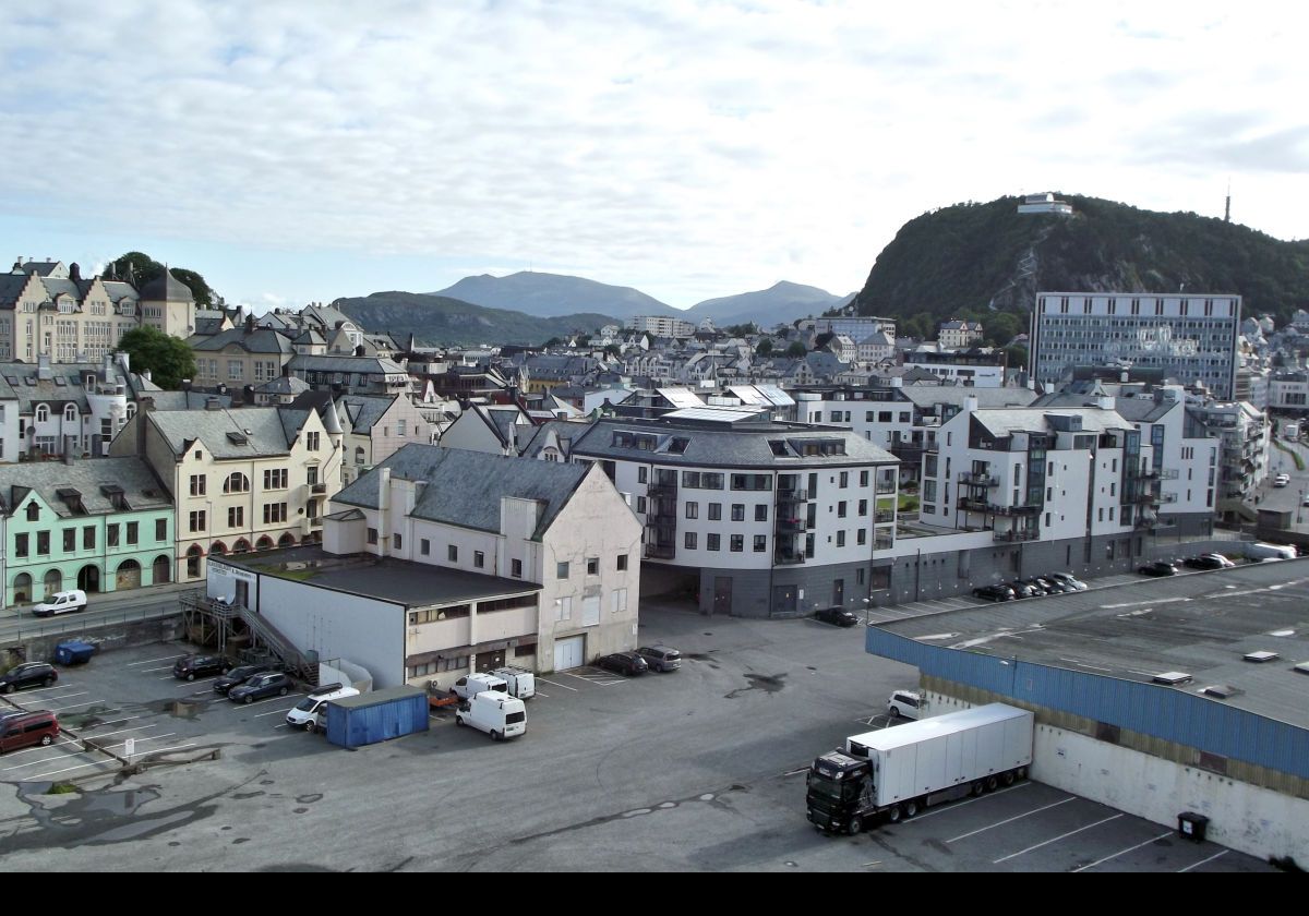 Docked in Alesund. A view across the town with the Aksla view point on the hill top to the right.