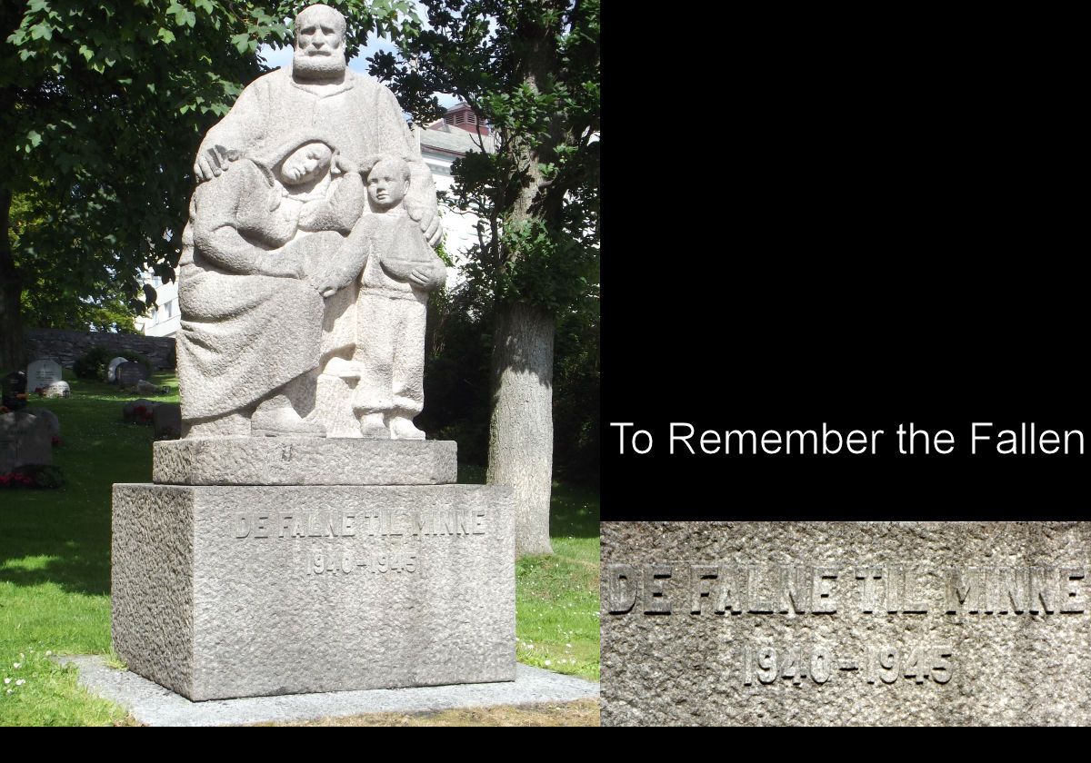 A World War 2 Memorial in the grounds of Alesund Church. Sculpted in granite, it represents a family who have lost someone in the war. It stands about 2.5 meters (8 feet) tall. The inscription reads "De Falne Till Minne (In Memory of the fallen) 1940 to 1945.