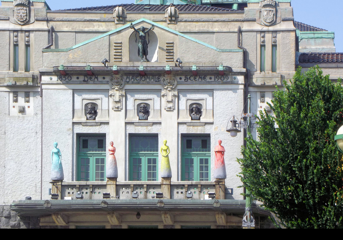 The "Painted Ladies" statues above Den Nationale Scene Entrance facing Ole Bulls Plass