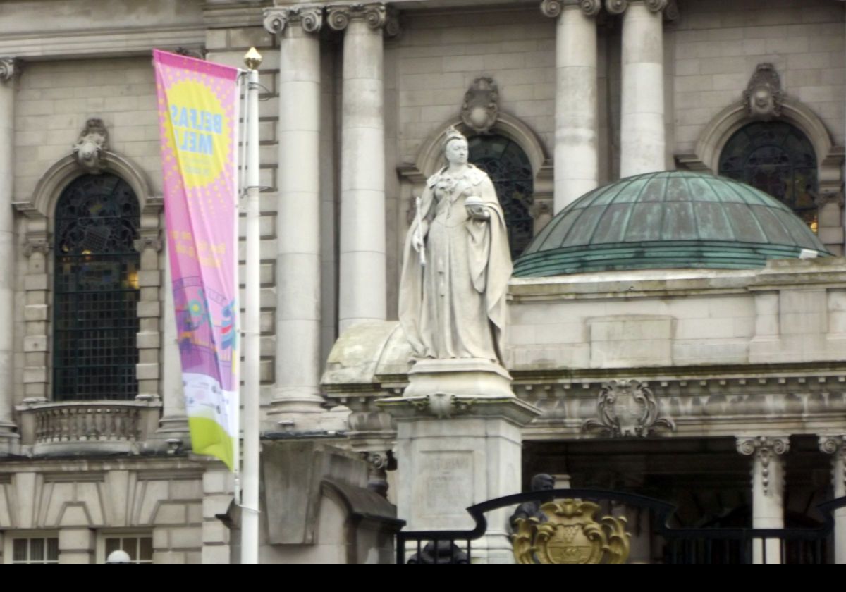 Statue of Queen Victoria, by Sir Thomas Brock, stands in front of City Hall.  Unveiled by King Edward VII, Victoria's son, on 27 July 1903 during his first royal visit to Belfast.  