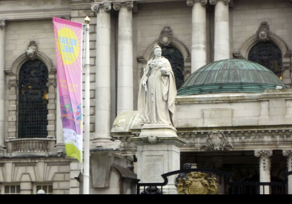 Statue of Queen Victoria, by Sir Thomas Brock, stands in front of City Hall. Unveiled by King Edward VII, Victoria's son, on 27 July 1903 during his first royal visit to Belfast.