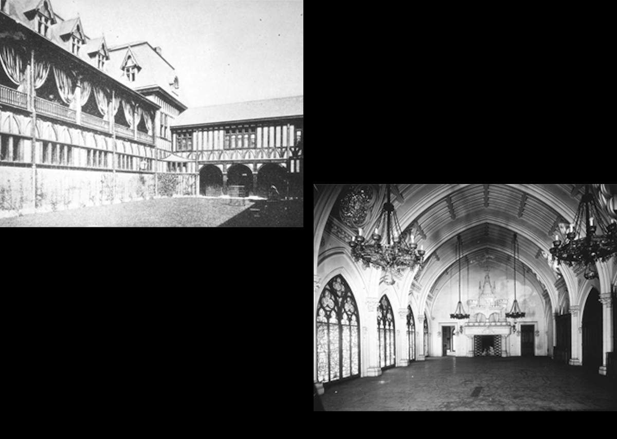 Left: the courtyard before 1910, when Alva Belmont initiated a number of renovations that radically reconfigured the courtyard and the interior of Belcourt.  Right: the French gothic ballroom taken before the Tinney Family purchased the castle in 1956.  It is shown prior their furnishing and restoring it.  