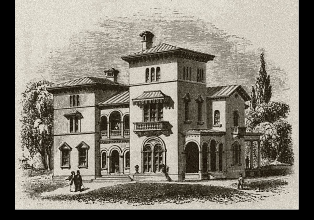 An 1850 engraving of  the house taken from Andrew J. Downing's book The Architecture of County Houses.  Downing died in a steamship disaster two years after publication.