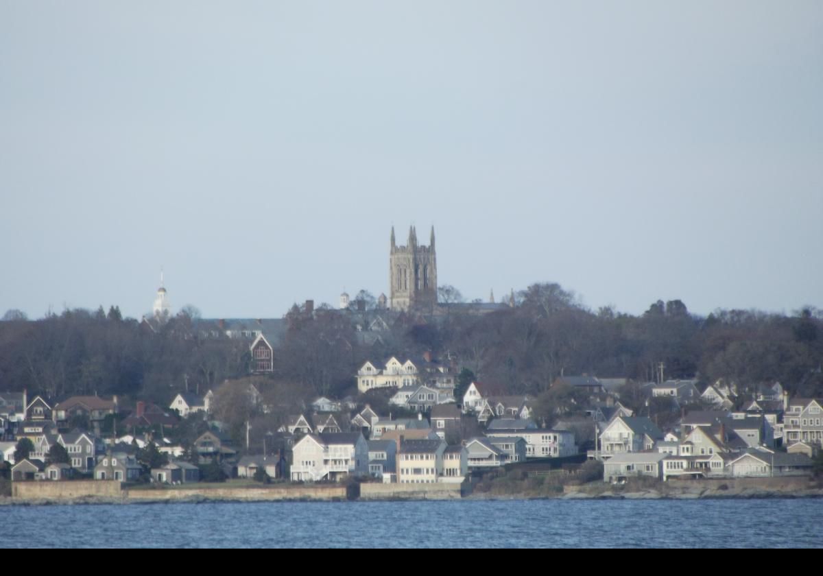 The view across Easton Bay towards Middletown. The tower belongs to St. George's School, a private boarding school that is (appropriately?) near to Purgatory Chasm!