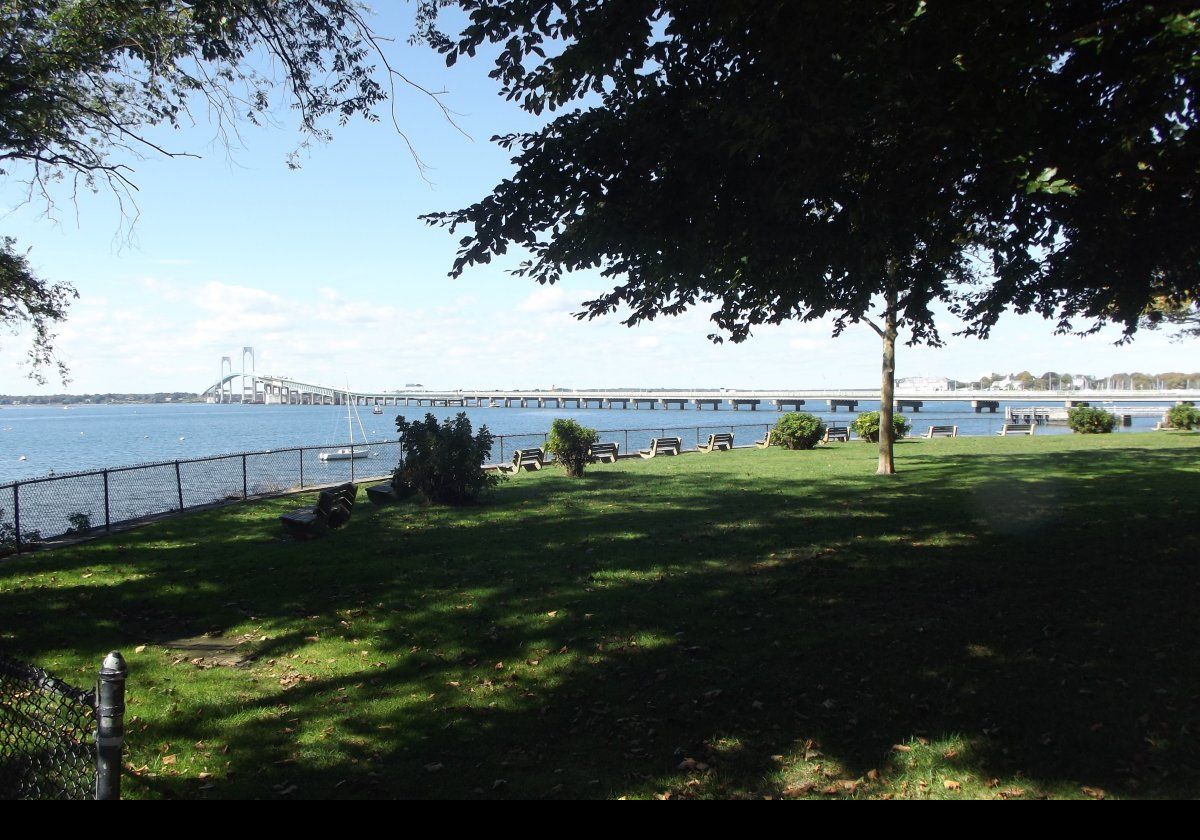 View of the Claiborne-Pell Bridge from Battery Park, just off Washington Street. It is the site of Fort Greene, which was last active during the War of 1812.