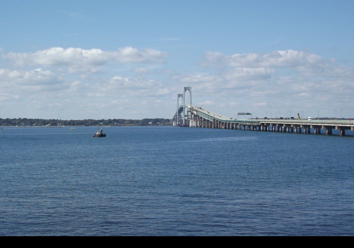 The Claiborne-Pell, or Newport, Bridge from Washington Street. It connects Newport, which is on Aquidneck Island, to Jamestown, which is on Conanicut Island.