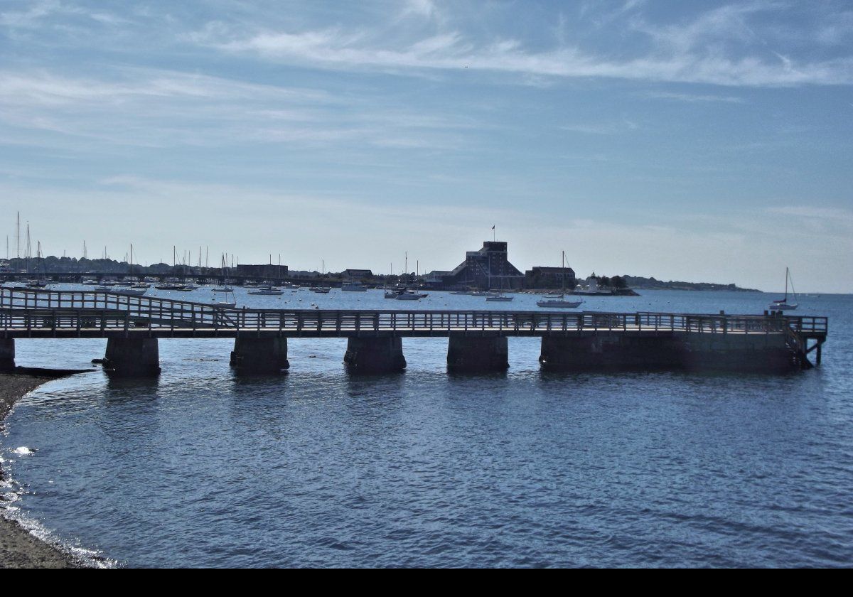 The pier at the end of Van Zandt Avenue, with the Hyatt Regency hotel on Goat Island in the distance