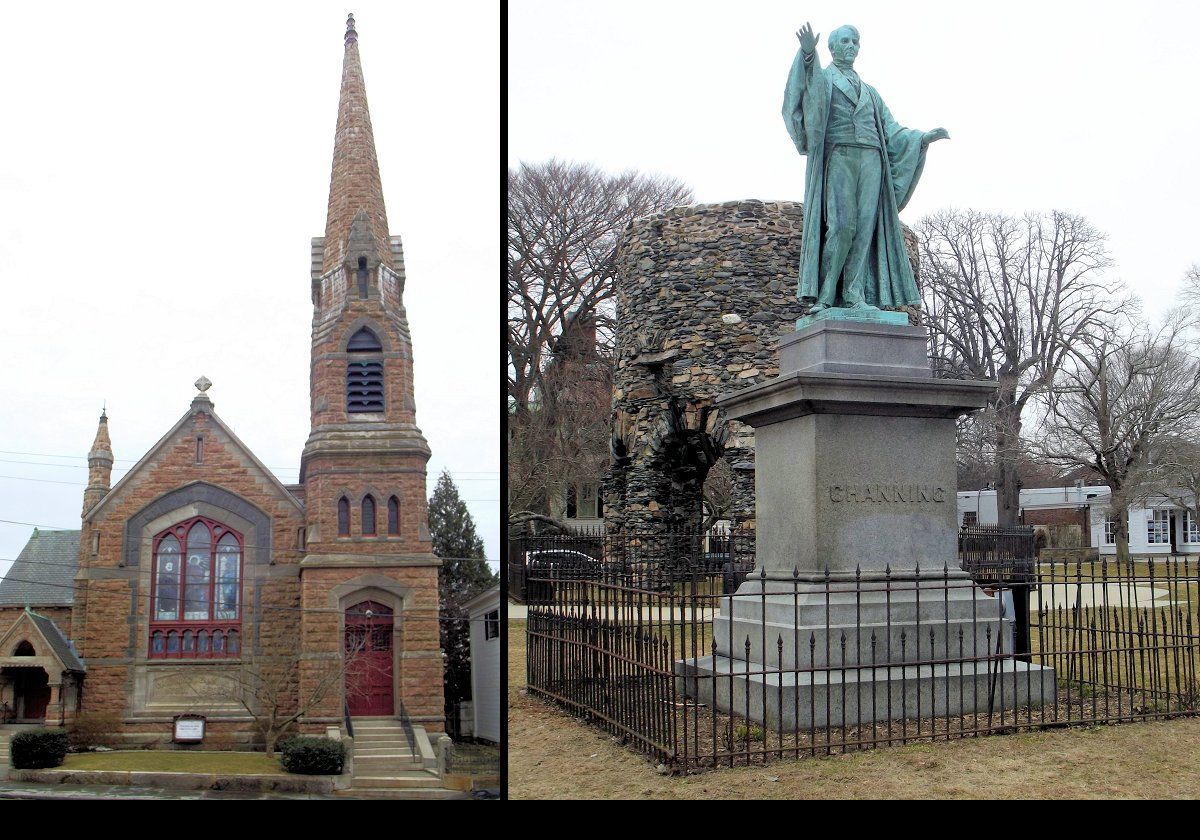 The Channing Memorial Church built in 1881-1. The statue is of William Ellery Channing (1780-1842), the foremost Unitarian preacher of his time.