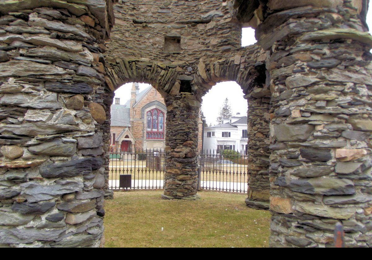 Carbon dating set the date of construction as between about 1635 and 1698. Note the Channing Memorial Church seen through the supporting pillars.