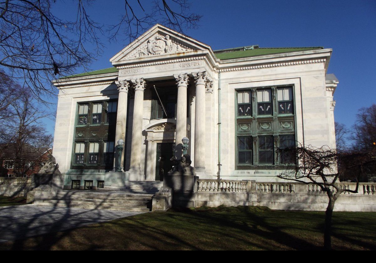 The Colt Memorial School, at 570 Hope Street, built around 1806. The building is of marble, and the windows are cast from solid bronze. It was a gift to Bristol from Samuel Pomeroy Colt in his mother's memory.