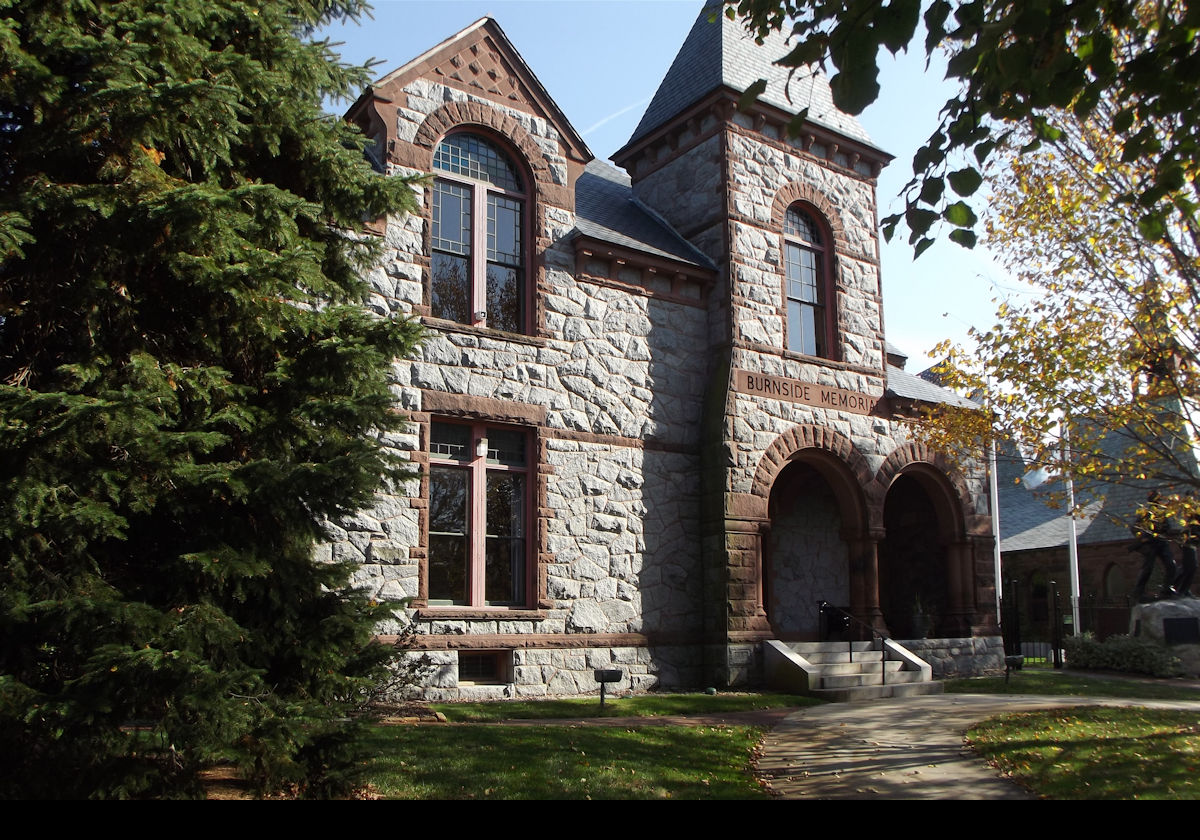 400 Hope Street, Burnside Memorial Hall, 1883. This building was named after Ambrose Burnside, who fought in the Civil War and then was Senator and Governor of Rhode Island. Constructed and used as the Town Hall until 1969, this Richardsonian Romanesque Revival building was dedicated by President Chester A. Arthur and Rhode Island Governor Augustus O. Bourn of Bristol. Today the building serves as an annex to the present Town Hall and houses the Bristol Visitor Center.