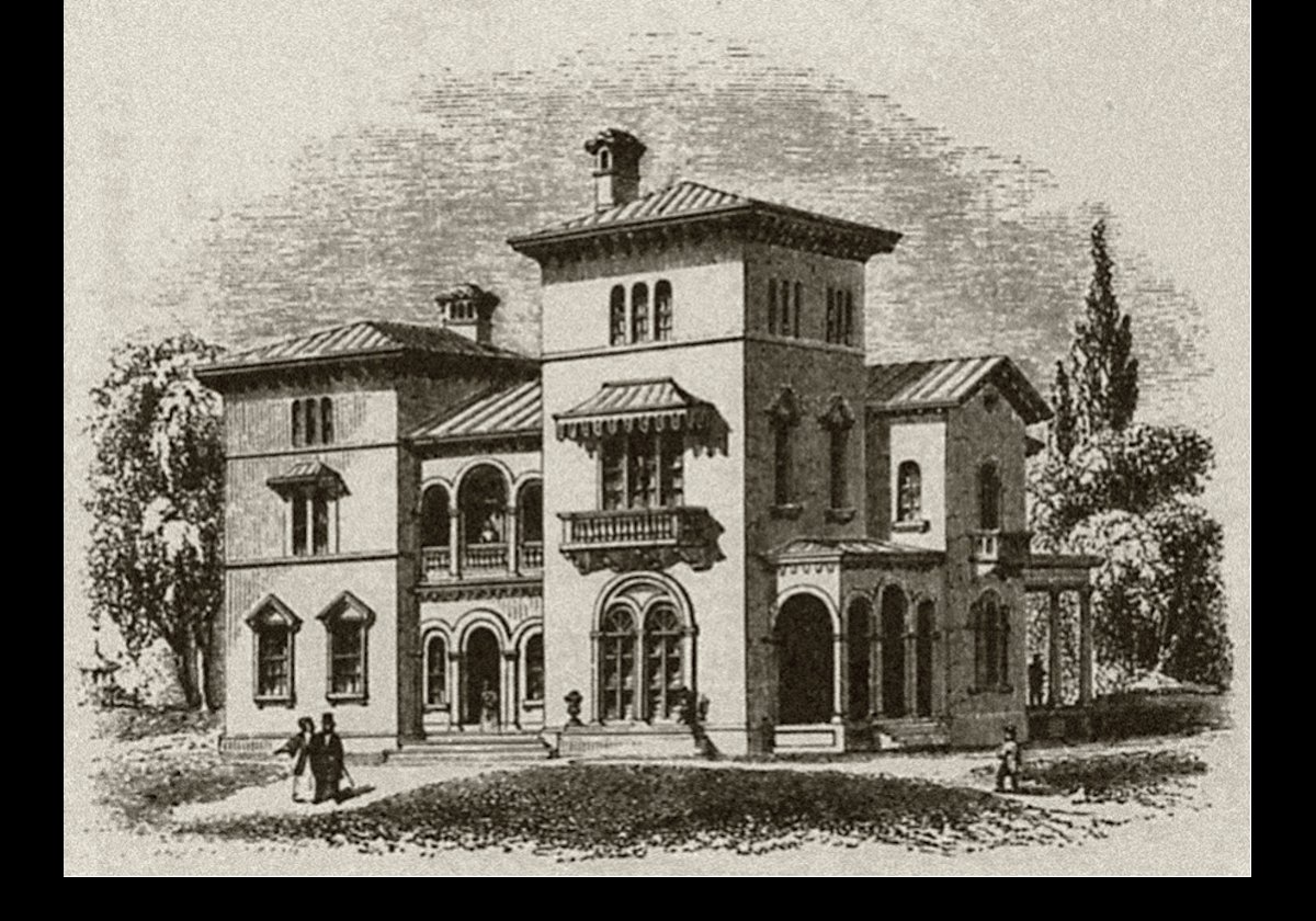 An 1850 engraving of the house taken from Andrew J. Downing's book The Architecture of County Houses. Downing died in a steamship disaster two years after publication.