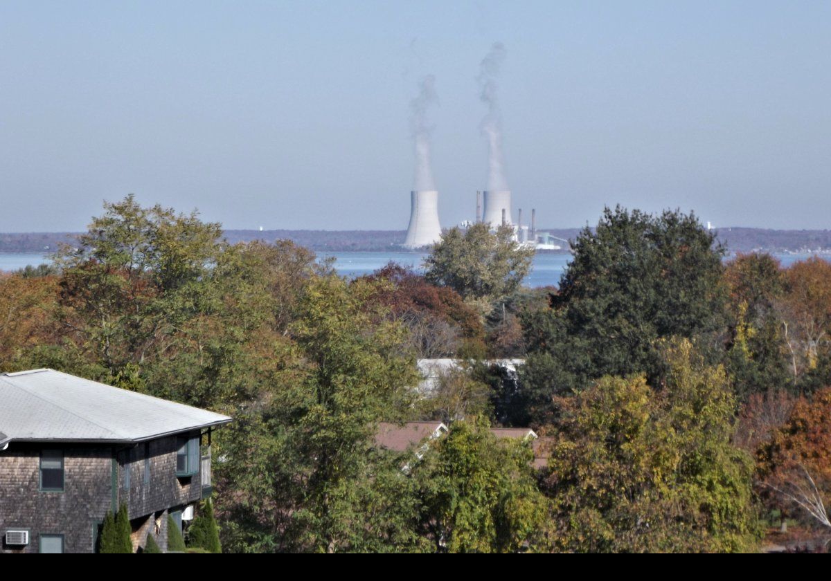 Looking across Mt Hope Bay from Butts Hill Fort at the Brayton Point Power Station in Somerset, Massachusetts.