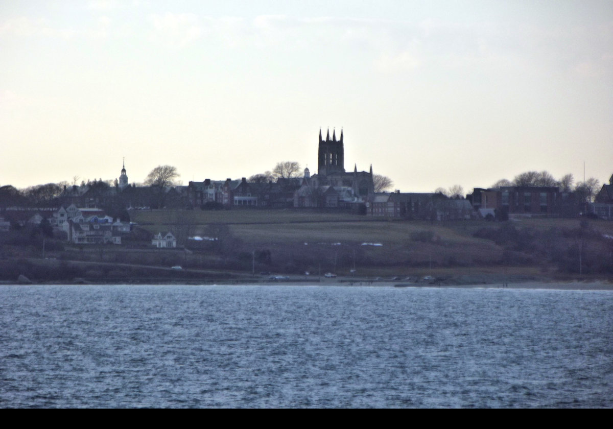 Looking across Sachuest Bay at the tower of St George's School, (perhaps appropriately) siuated on Purgatory Road in Middletown!