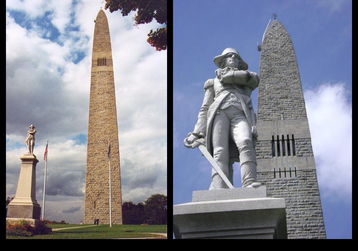 The figure in front of the obelisk is Colonel Seth Warner, a hero of the battle of Bennington.