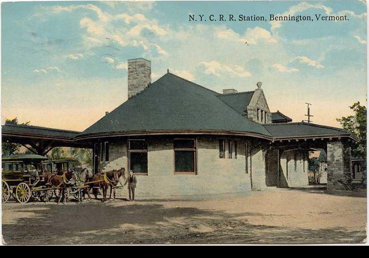 Old Bennington station, on the New York Central Rail Road, shown on a postcard post marked in 1913. Sadly, the station is now a restaurant, but at least it has not been torn down!