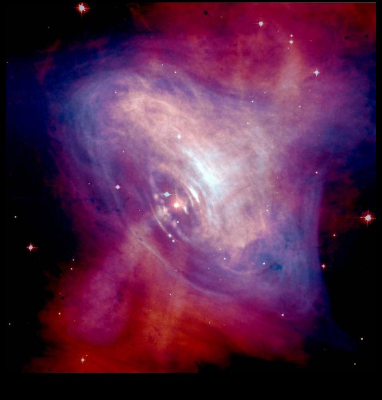 The Central Pulsar seen in a combination of visible light & X-Rays.  The image combines optical data from Hubble (in red) and X-ray images from Chandra (in blue).  Credit: NASA/CXC/ASU/J. Hester et al.