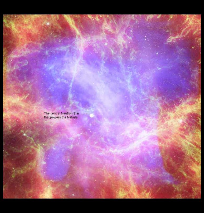 The Crab Nebula Showing its Central Pulsar (Neutron Star).  It is the result of a supernova seen by Chinese astronomers in 1054.  