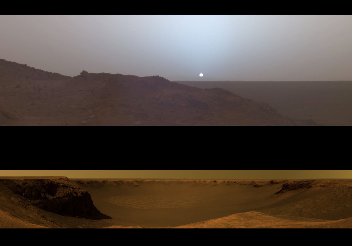 The upper picture is of a Martian sunset taken by Spirit at Gusev crater on May 19, 2005.  The lower picture is of Victoria Crater taken from Cape Verde by Opportunity.  Victoria Crater is about 800 meters ( mile) wide.  