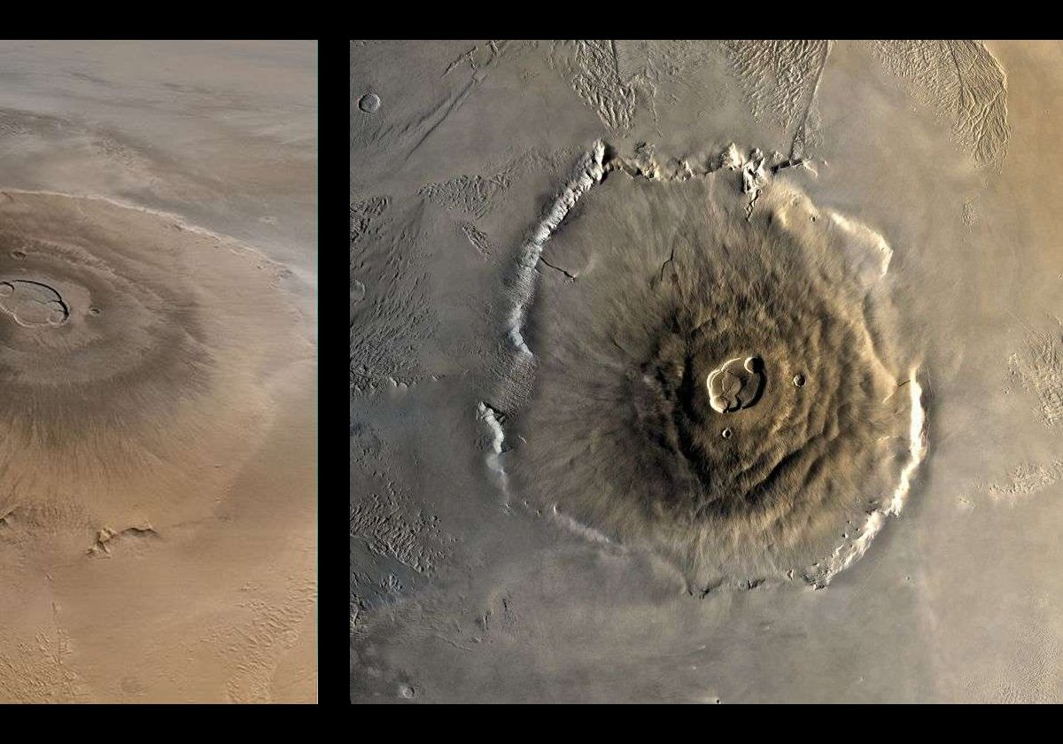 Two photographs of Olympus Mons, a very large shield volcano built almost entirely of fluid lava flows.  At a height of about 22 km (14 miles) it is nearly three times the height of Mount Everest here on Earth.  