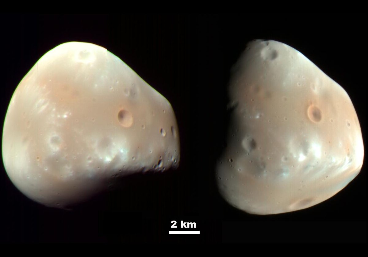 Photographs of the moon Deimos taken in 2009 by the Mars Reconnaissance Orbiter.  Credit: NASA/JPL-Caltech/University of Arizona