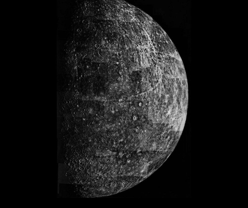 A mosaic comprising 18 images of Mercury taken by Mariner 10, as the spacecraft was out bound after the first flyby. The bright crater with "rays" coming from it at the top right is called Degas; it is about 45 km (28 miles) across.                            