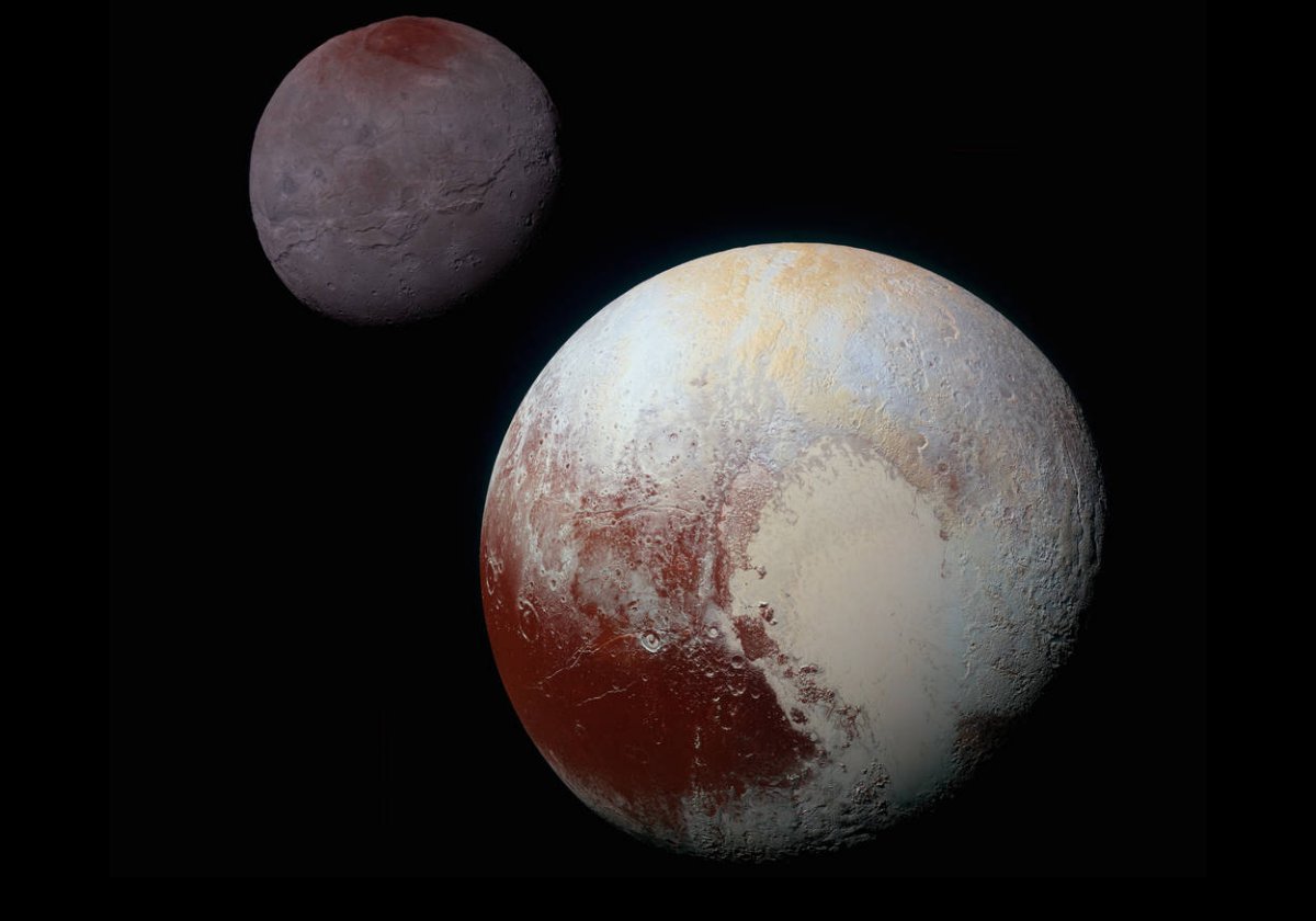 Pluto in the foreground with its largest moon Charon.  The images in this composite picture were taken by NASAs New Horizons spacecraft as it passed through the Pluto system in 2015. 