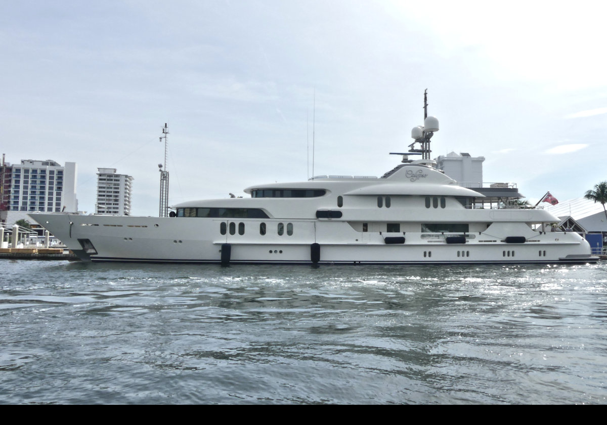 Available for charter, the Calypso is described as "a highly popular family-friendly yacht with amazing water toys".  All this for about $300,000 a week.  She is 61.5 mts (202 feet) long, has a crew of 15 and takes 12 guests in luxury.