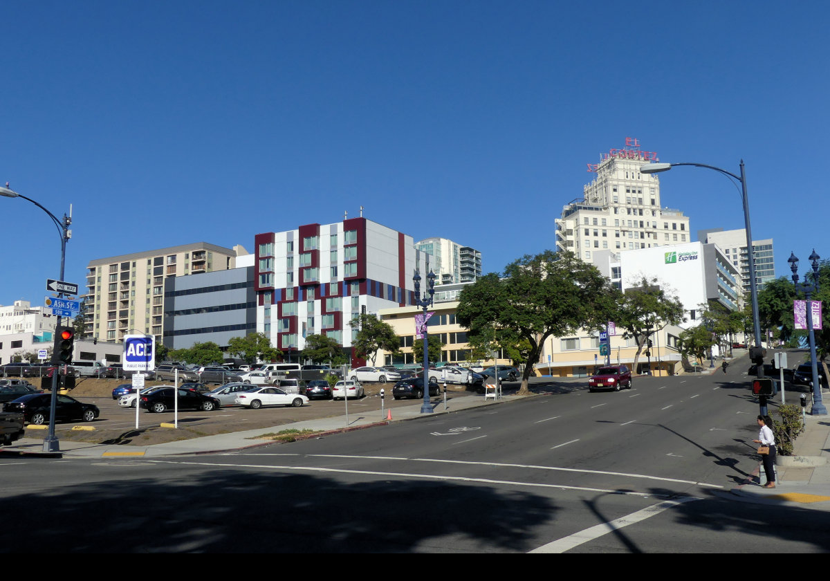 The The building with maroon trim, just off-center, is the Marriott TownePlace Suites on Sixth Avenue where we stayed in Downtown San Diego.