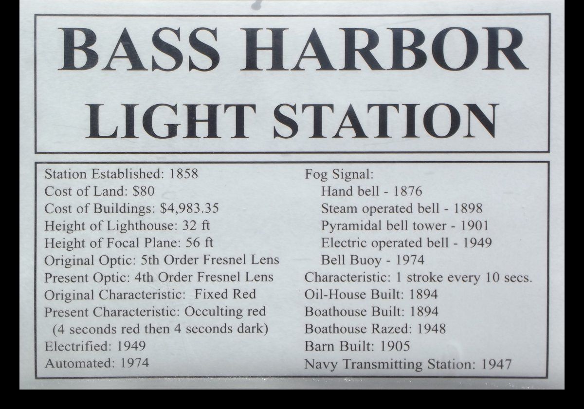 Bass Harbor Head Light. Situated on a cliff at the southern end of Mount Desert Island in Maine, by the entrances to Bass Head Harbor and Blue Hill Harbor, the Bass Harbor Head lighthouse was built in 1858 with a 32 foot tall cylindrical, brick tower. It had a hand-rung fog bell which was replaced in 1898 with a much larger bell that hung from a new building that remains, though the bell has been moved.