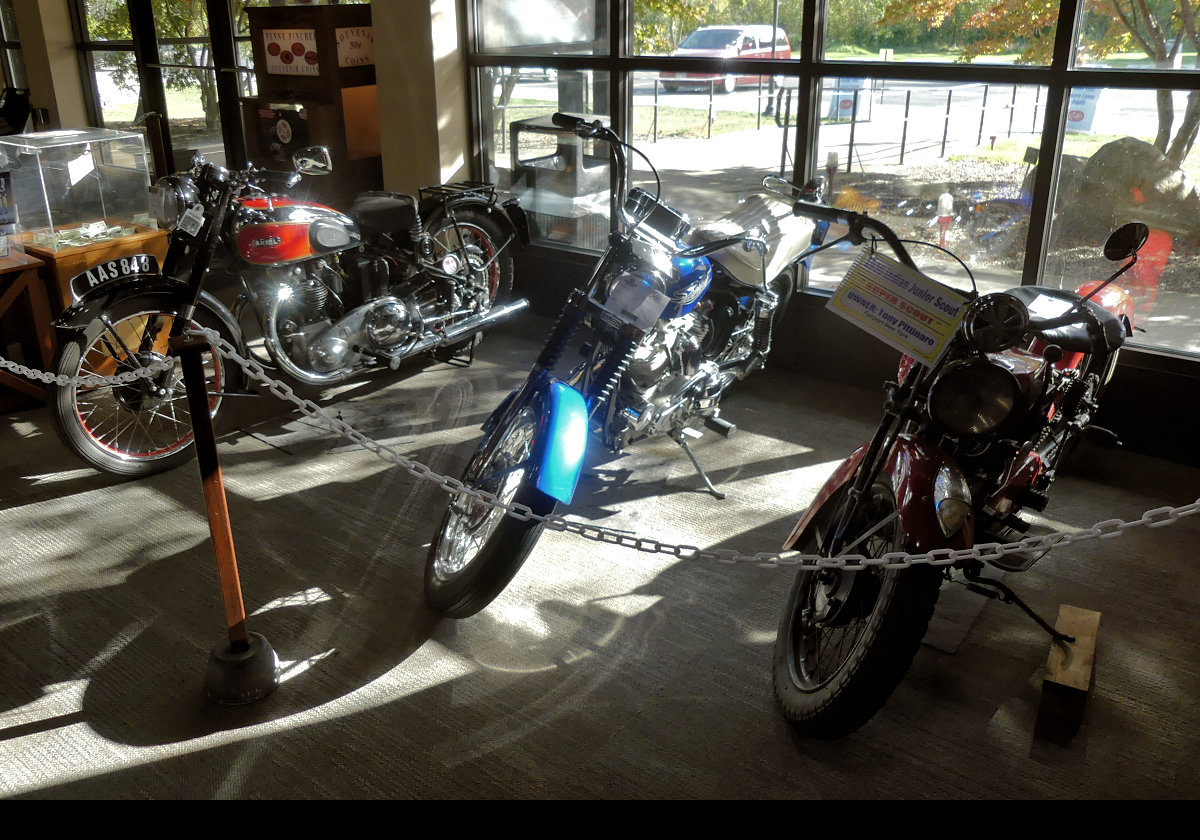 Left: Ariel Motorcycle - Middle: Unknown - Right: Indian Junior Scout c. 1936