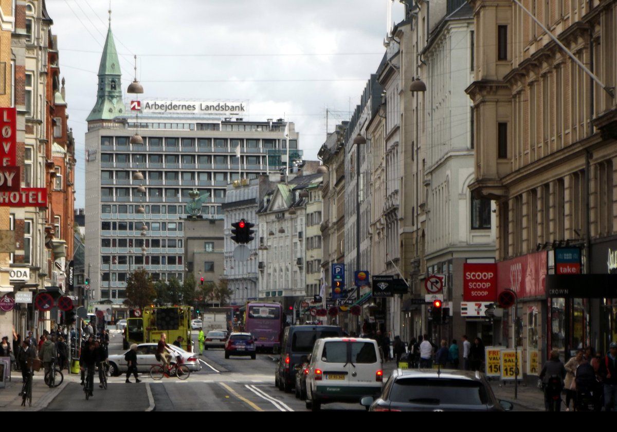 The street in front of our hotel, the Copenhagen Crown.  On the extreme right there is "Crown" on the black canopy marking the entrance.